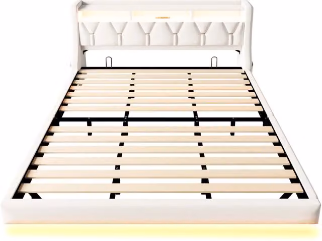 Letto matrimoniale Chicfurn in velluto beige con testiera ripiegabile, luci LED, porte USB e Type-C e ripiani laterali, L/P/H: 180 x 200 x 126 cm