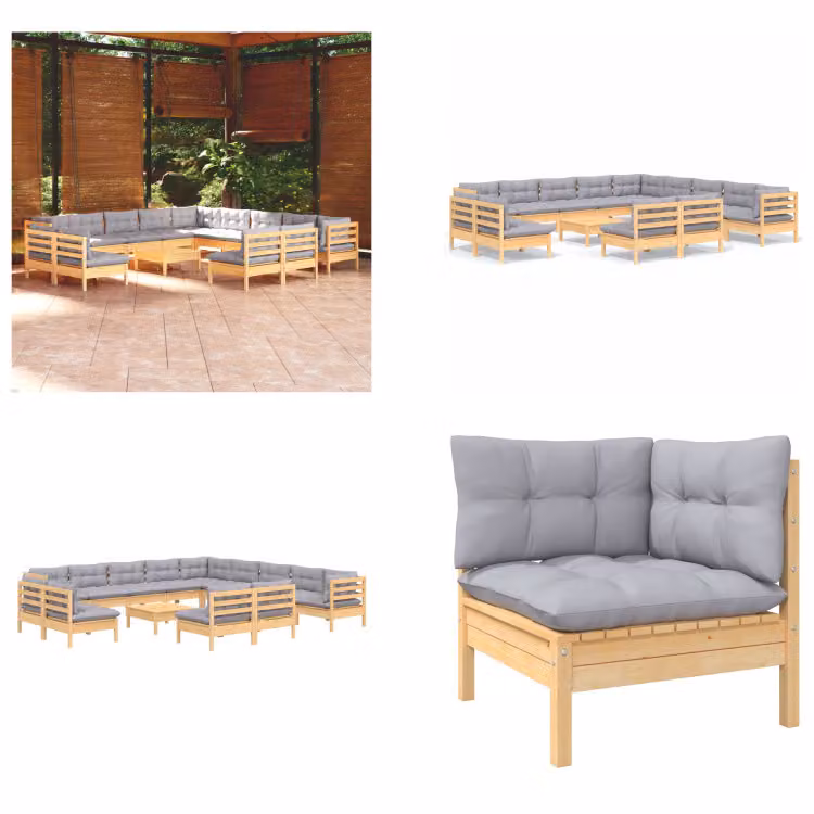 vidaXL set salotto da giardino 14 pezzi con cuscini grigi in pino massiccio - Set salotto da giardino - Set salotto da giardino - Set mobili da giardino - Set mobili da giardino