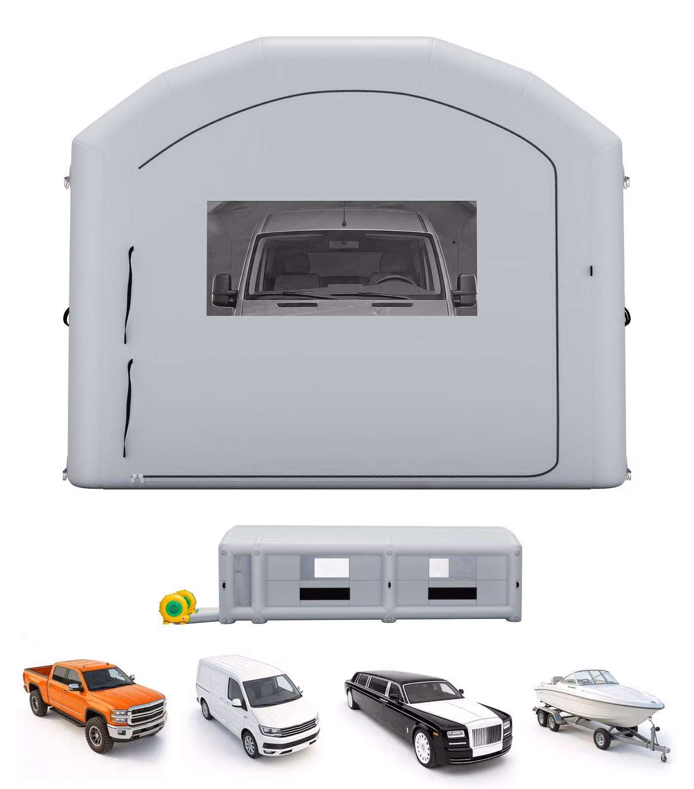 Cabina di verniciatura gonfiabile, tenda per verniciatura - cabina di verniciatura 12 x 5 x 4 m - con ventilatore da 950 W e 1100 W - filtro a carbone attivo - spogliatoio - finestre in PVC - adatta per pick-up e furgoni - colore grigio