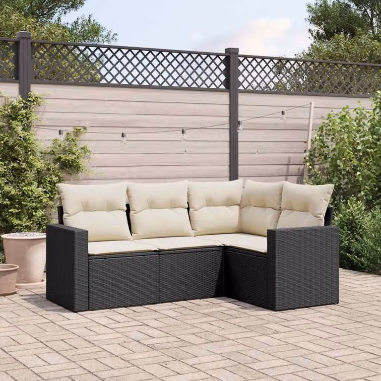 Set di divani da giardino vidaXL a forma di L composto da 4 pezzi in polyrattan nero con cuscini inclusi