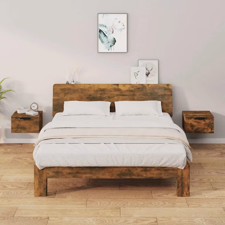 Set di 2 comodini da muro vidaXL in rovere fumo, design moderno per camera da letto, L 34 cm x P 30 cm x H 20 cm