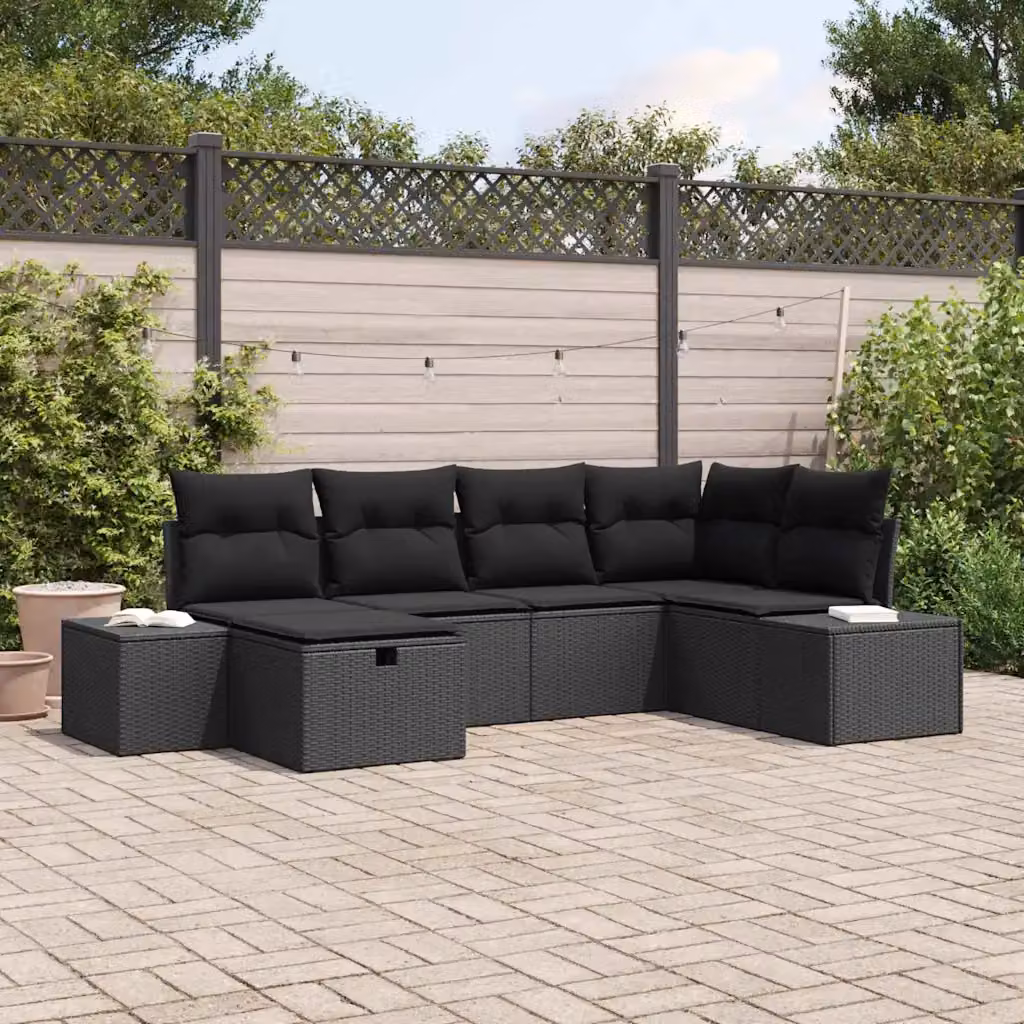 Set di divani da giardino vidaXL in rattan nero con cuscini e struttura in acciaio, composto da 6 pezzi con elementi angolari e pouf – 1