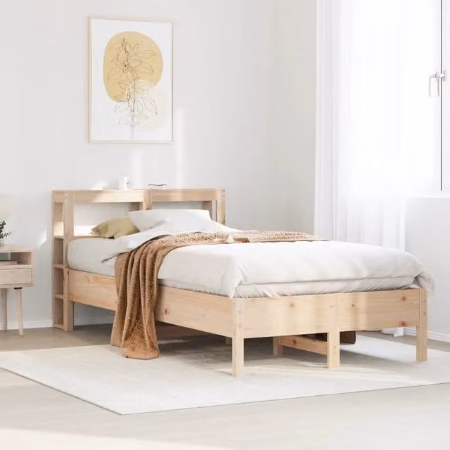 Struttura Letto in Legno Massello di Pino Design Mania con Doghe Rigide e Ripiani Laterali, Colore Beige, L 190 x P 82 x H 81 cm