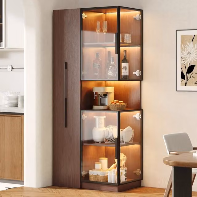 Vetrina 70.0x38.0x160.0 cm con LED e ripiani estraibili MDF e vetro marrone noce