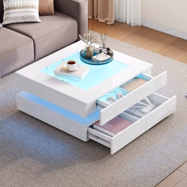 Tavolino basso quadrato Mivray bianco con 3 cassetti, piano in vetro e illuminazione LED controllabile tramite app, L/P/H: 70 x 70 x 35 cm