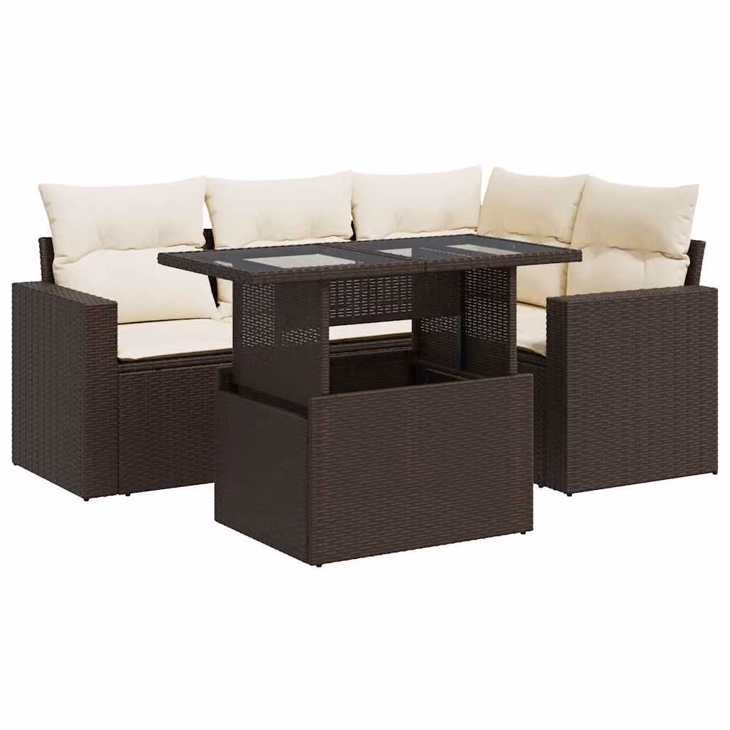Set Divano da Giardino 5 pz con Cuscini Marrone in Polyrattan
