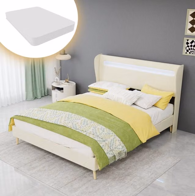 Letto imbottito con LED 140x200 cm in tessuto beige; testiera regolabile e struttura in metallo