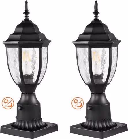 Set di 2 Lampade da Palo VEVOR per Esterno, Luci con Sensore Crepuscolare e Paralume in Vetro, Colore Nero, L/P/H: 16,4 x 16,4 x 43 cm