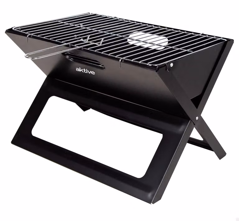Griglia pieghevole, dimensioni 45x29x30 cm, in acciaio, colore nero, forma rettangolare, con maniglia per il trasporto, ideale per il campeggio