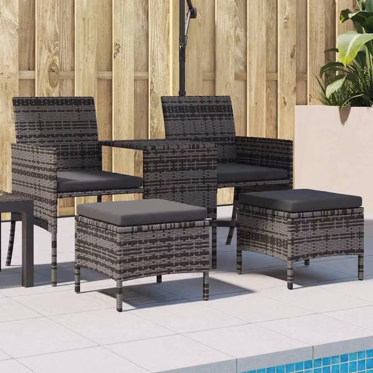 Set da giardino vidaXL composto da divano a 2 posti, tavolino e pouf in rattan grigio con struttura in metallo e cuscini inclusi