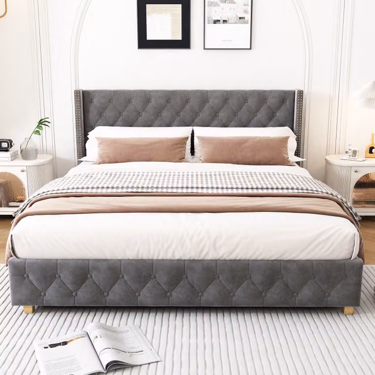 Letto imbottito Flieks 180x200cm letto per ragazzi con rete a doghe, letto matrimoniale letti classici letto per bambini letto in legno massiccio, velluto, grigio