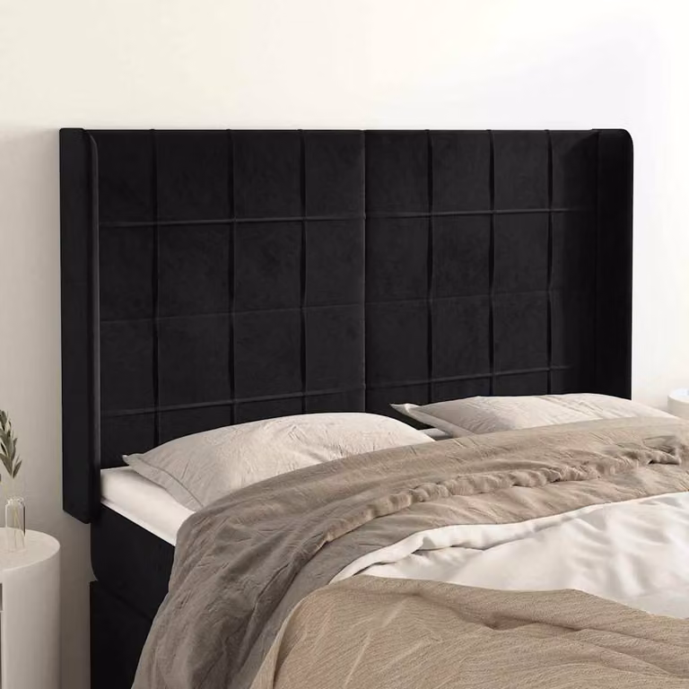 Testiera per letto vidaXL in velluto nero con design ad orecchio, L: 147 cm, P: 16 cm, H: 118-128 cm