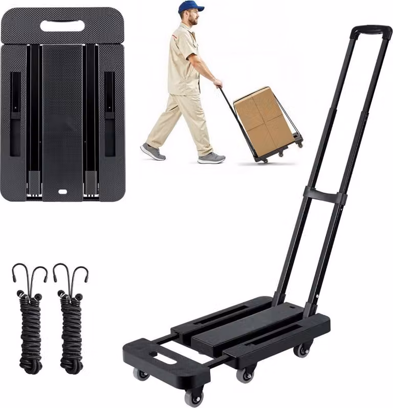 Carrello portasacchi pieghevole, capacità di carico 227 kg, carrello da trasporto a 6 ruote, incluse 2 corde elastiche e base espandibile, carrello da trasporto ideale per aeroporti, bagagli, traslochi in ufficio, nero, dimensioni: 560x305x1010 mm