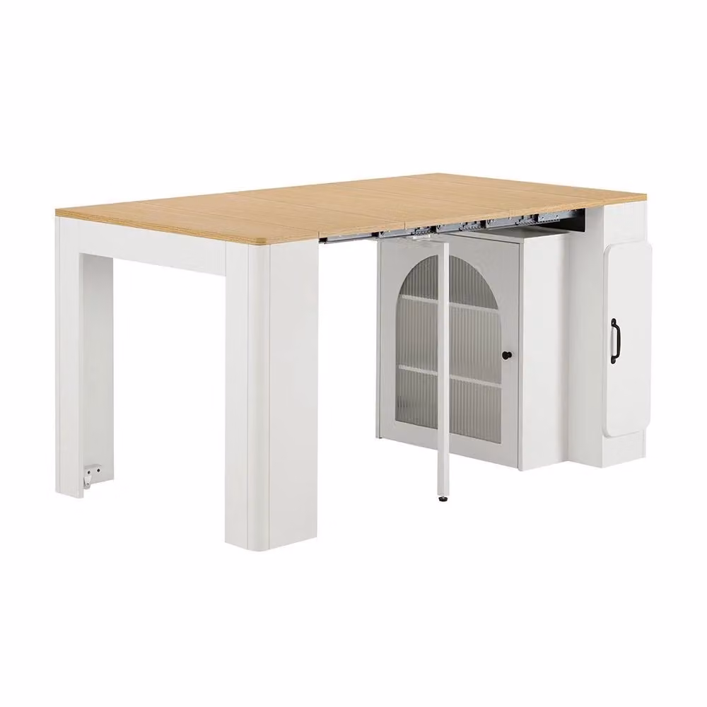 Isola da cucina Xylo estensibile con ruote e ripiano in vetro, Bianco e Beige, L/P/H: 100 x 77 x 39,6 cm – 2