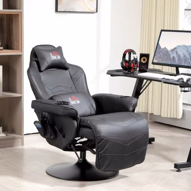 Poltrona gaming WISHDOR reclinabile con poggiatesta e poggiapiedi in ecopelle nera, girevole a 360 gradi, portata massima 120 kg