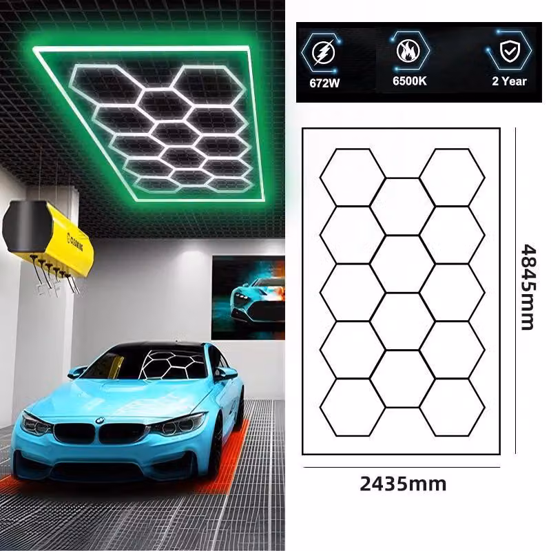 Illuminazione per garage esagonale - Plafoniera a LED 14-Hex - Estremamente luminosa, 6500K, grado di protezione IP54 - Design a nido d'ape, ideale per officine di detailing auto, palestre, barbiere - Colore verde