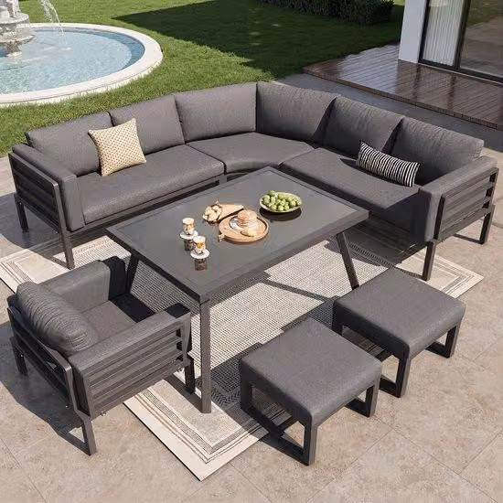 Set di sedie da giardino semicircolari per 8 persone / Robusta struttura in metallo con cuscini grigi / Completo di tavolo in vetro, 1 poltrona e 2 sedie / Mobili da giardino resistenti alle intemperie per il balcone