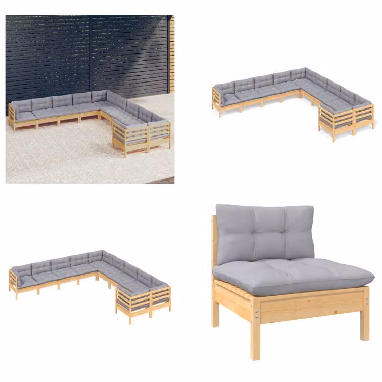 vidaXL Set salotto da giardino 10 pezzi con cuscini grigi in legno di pino - Set salotto da giardino - Set salotto da giardino - Set mobili da giardino - Set mobili da giardino