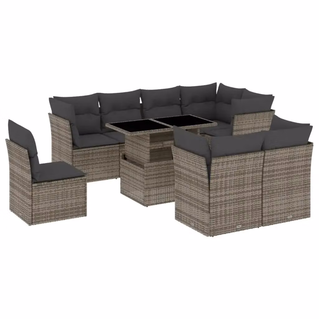 vidaXL Set Divano da Giardino 9 pz a Forma a L con Cuscini Grigio in Polyrattan e Struttura in Acciaio – 2