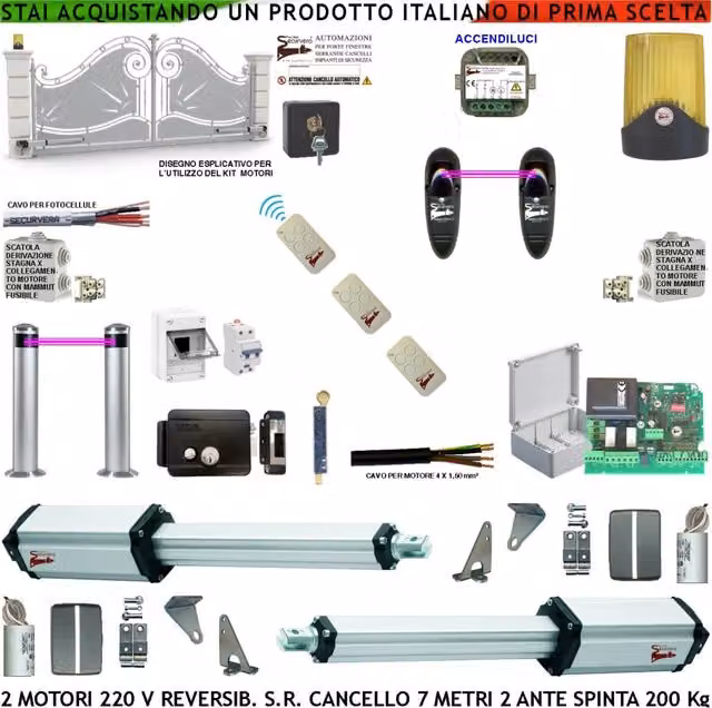 Kit Cancello Elettrico Securvera 2 Ante da 7 Metri in Alluminio Argento con Motori Elettromeccanici Reversibili 230 V e Accessori Completi