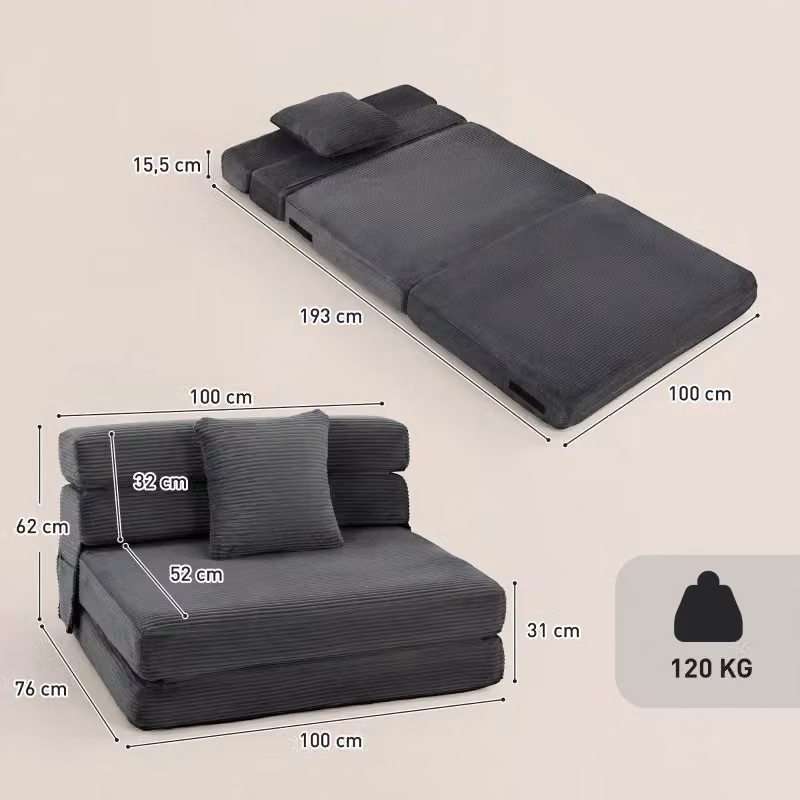 Poltrona letto pieghevole 2 in 1 WISHDOR in tessuto effetto corda, grigio scuro – 2
