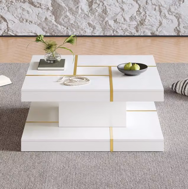 Tavolino da caffè quadrato MODFU a 2 livelli in MDF bianco e dettagli dorati L/P/H: 80 x 80 x 38 cm