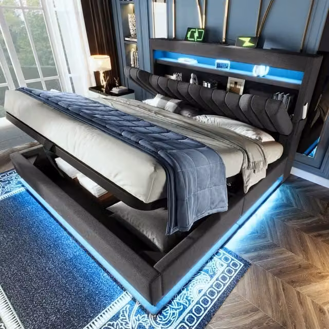 Letto matrimoniale 160x200 con contenitore idraulico; LED; porte USB e USB-C; rivestimento in lino grigio