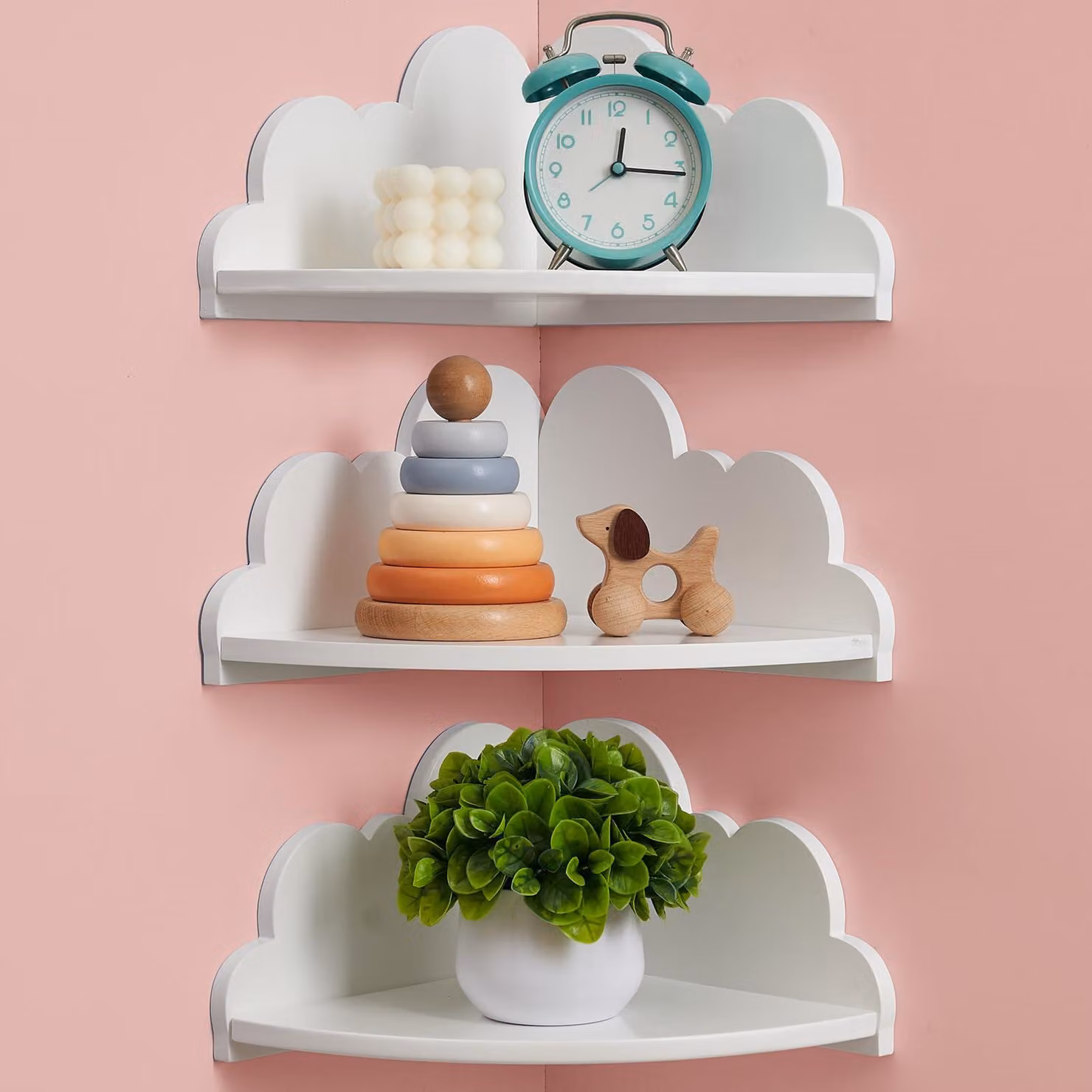 Set di 3 mensole angolari in legno, colore bianco, dimensioni 25,4 x 25,4 cm, da montare a parete
