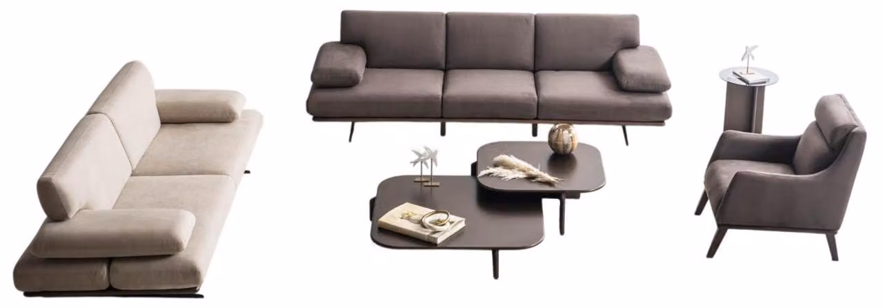 Grau-Beige Sofagarnitur Edler 4-Sitzer Polstersessel Holztische 5tlg