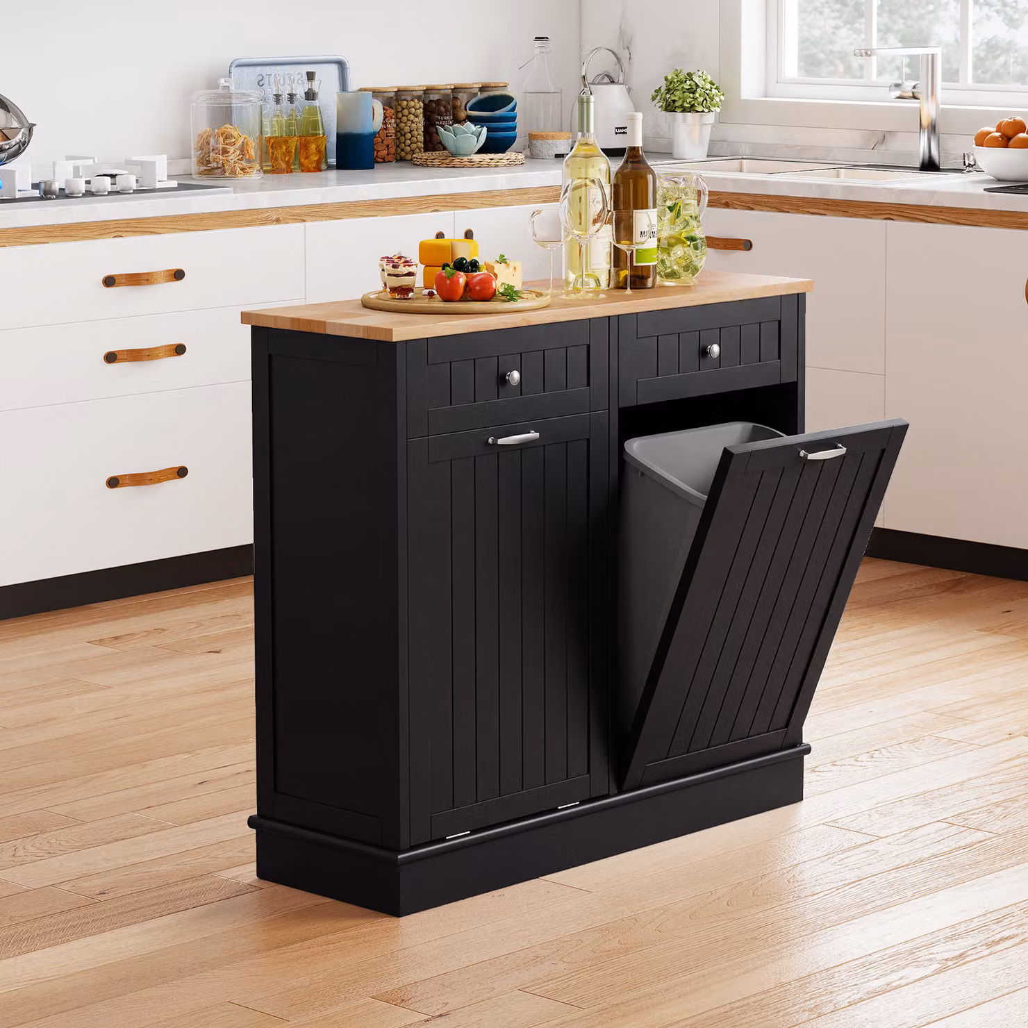 Isola da cucina Costway con piano in legno di caucciù, due cestini ribaltabili per pattumiera e 2 cassetti, colore nero