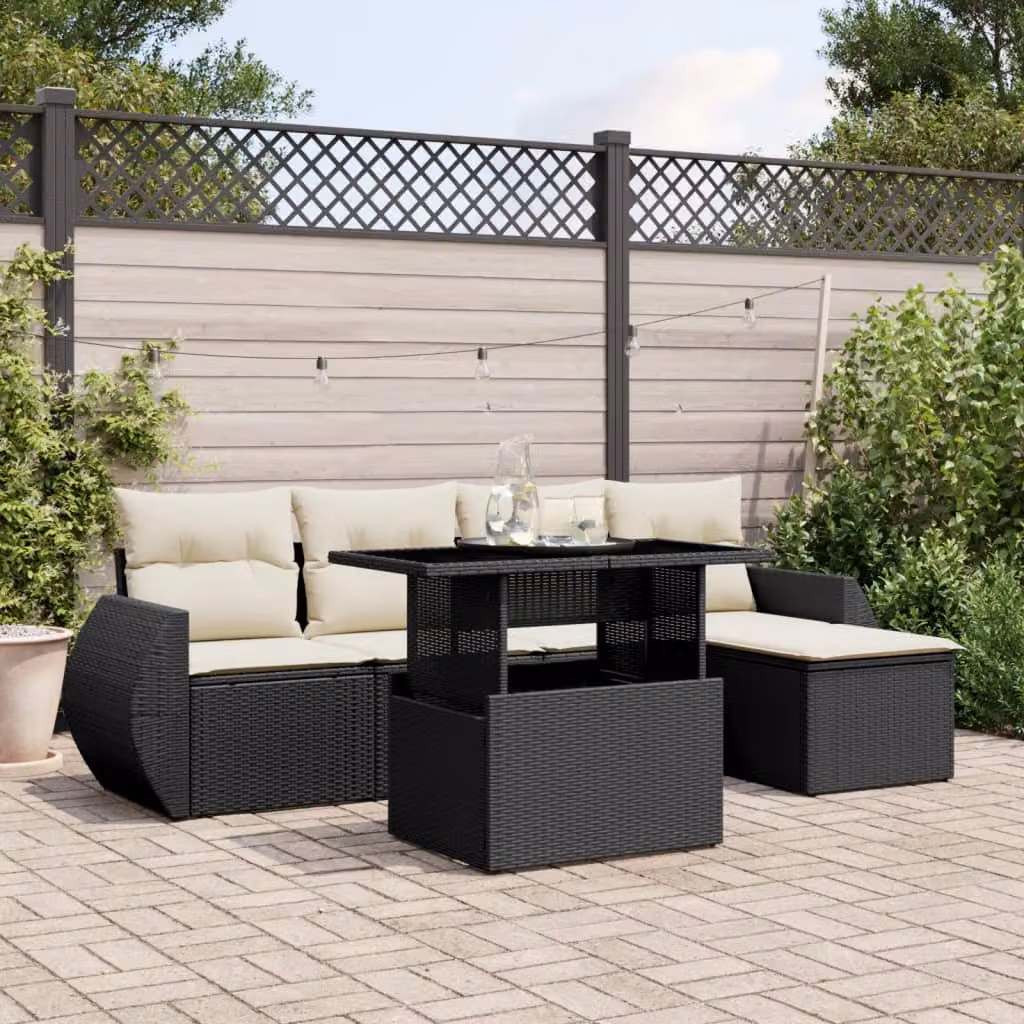 vidaXL Set Divano da Giardino 6 pz in Polyrattan Nero con Cuscini e Tavolino da Esterno – 1
