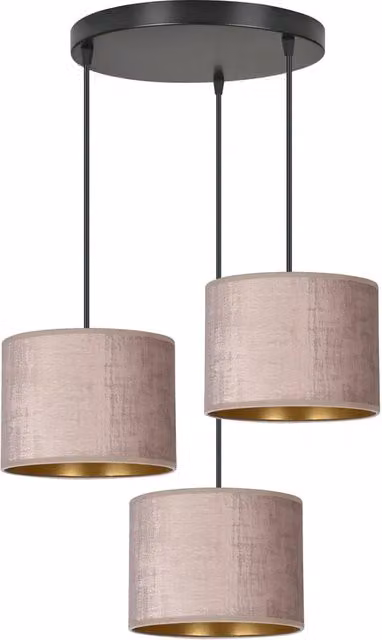 Lampadario Sospeso Tondo Vinayaka Luceart-Classic con 3 Luci in Metallo Nero e Paralumi in Tessuto Rosa e Oro