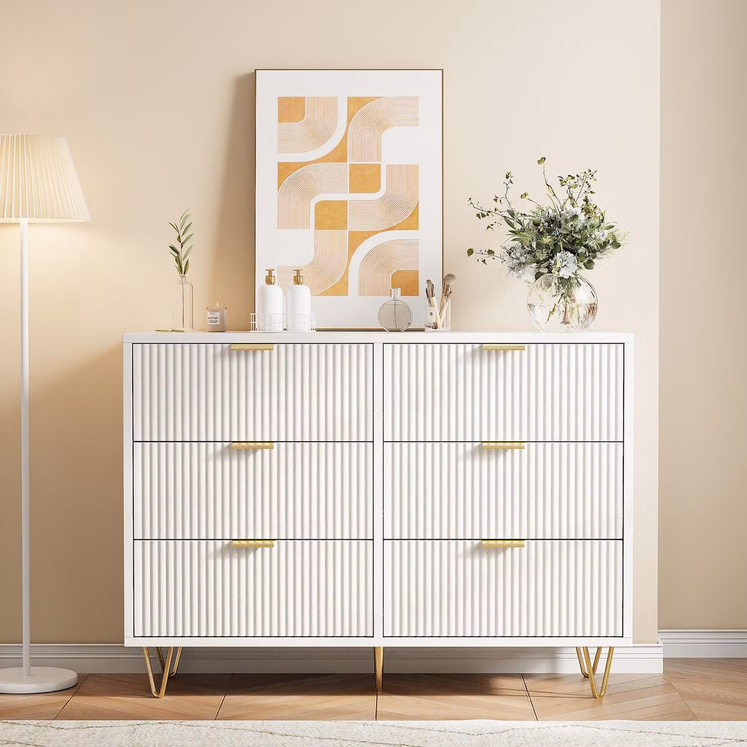 UnboxG credenza bianca con 6 cassetti, mobile per sala da pranzo con spazio di archiviazione, cassettiera moderna per soggiorno o cucina