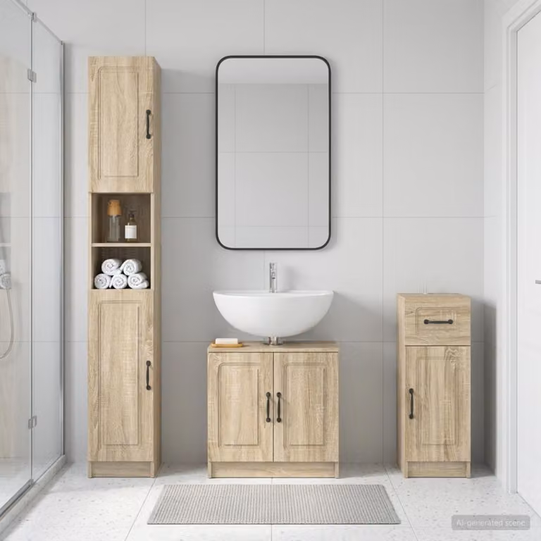 Set di 3 armadietti da bagno moderni vidaXL UTRECHT in legno Rovere Sonoma, colore marrone, L/P/H: 30 x 31 x 190 cm, 48.89 x 30 x 31 cm e 30 x 31 x 190 cm