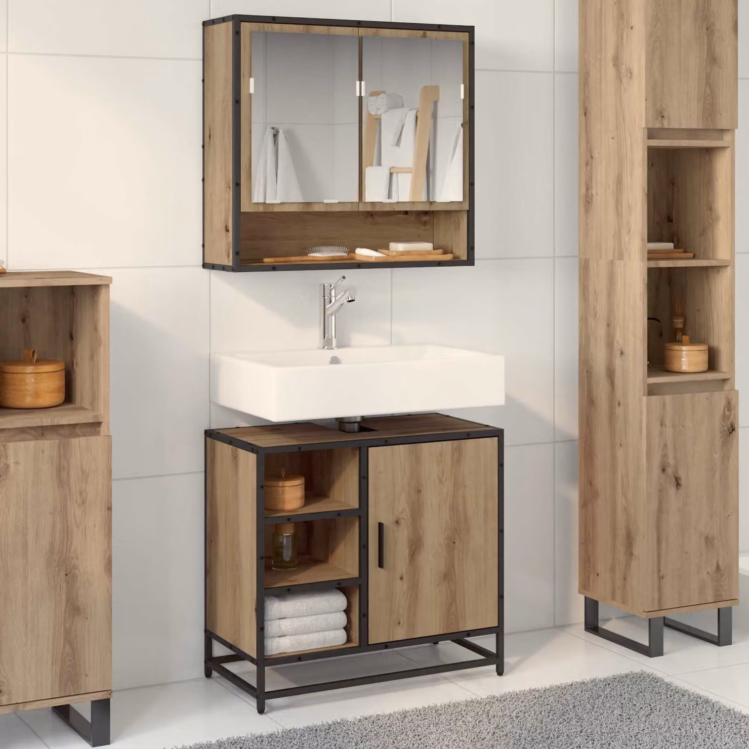 Mobile da bagno vidaXL in stile minimalista con ante a cerniera, colore marrone e nero, L: 65 cm, P: 33 cm, H: 60 cm
