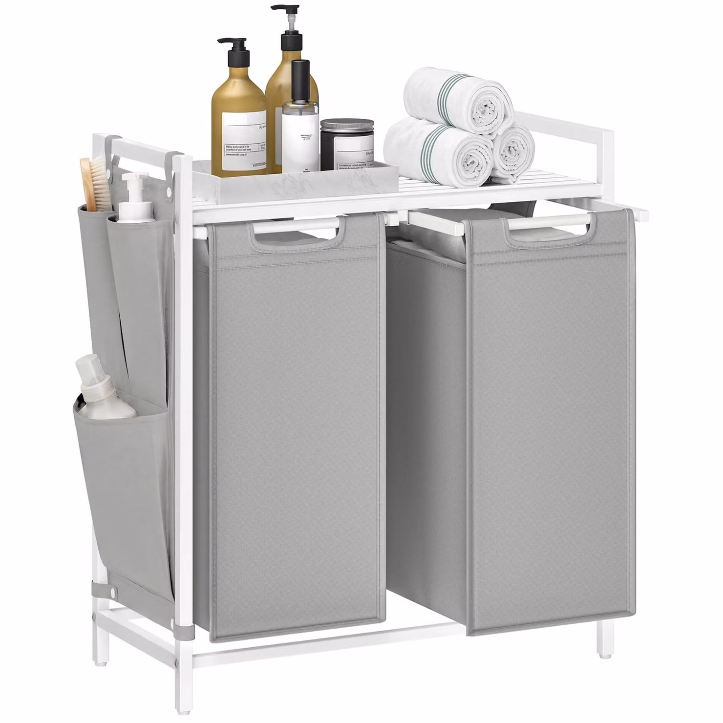 Cesto Portabiancheria con Piano Portaoggetti e Sacco Rimovibile, Grigio / 2 x 46 L
