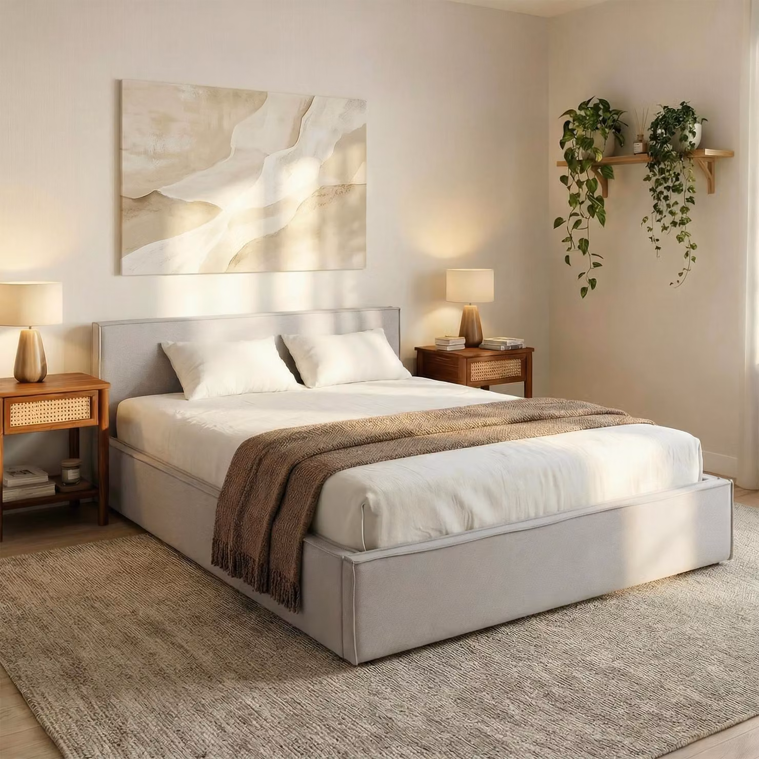 Letto imbottito PESARO 140x200 cm, grigio chiaro - struttura letto con rete a doghe, rivestimento in tessuto resistente effetto lino, letto matrimoniale moderno con testiera per camere da letto