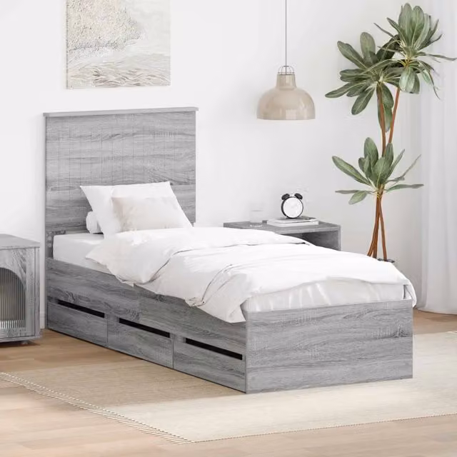 Struttura del letto con cassetto-Giroletto con contenitore-Rete del Letto Grigio Sonoma 75 x 190 cm 951549