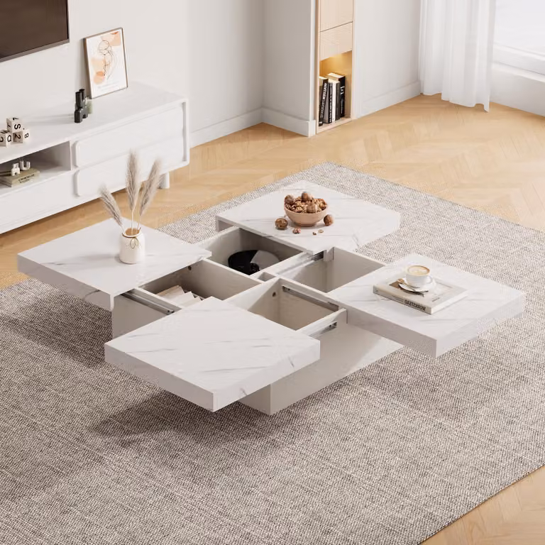 Tavolino quadrato Merax con effetto marmo, tavolo da soggiorno con piano scorrevole, tavolino con 4 cassetti, fino a 30 kg, bianco