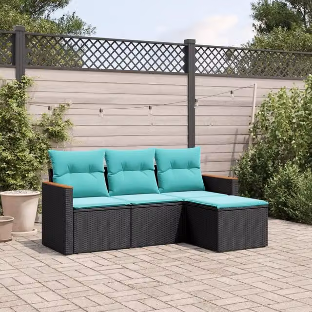 Set Divani da Giardino 4 pz con Cuscini Nero in Polyrattan 3225903