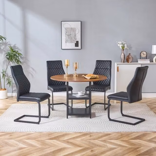 Set tavolo e sedie: tavolo rotondo 107 cm con doppio piano portaoggetti + 4 sedie da pranzo nere con motivo a rombi, in MDF e metallo, stile industriale