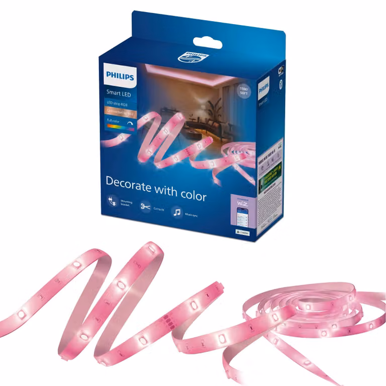 Striscia LED RGB intelligente Philips, 15 metri, tipo C, connessa tramite WiZ, striscia LED intelligente, Wi-Fi/Bluetooth, bianca, Wi-Fi 4 (802.11n), 802.11b, 802.11g, LED, plastica