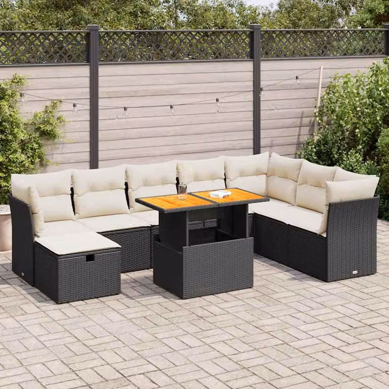 Set di divani da giardino vidaXL 9 pezzi in rattan e legno di acacia oliato con cuscini nero e bianco