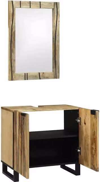 Set di mobili da bagno moderni in legno di mango massello naturale con ante a battente e ripiani interni, colore marrone e nero, L/P/H: 62 x 33 x 58 cm – 1