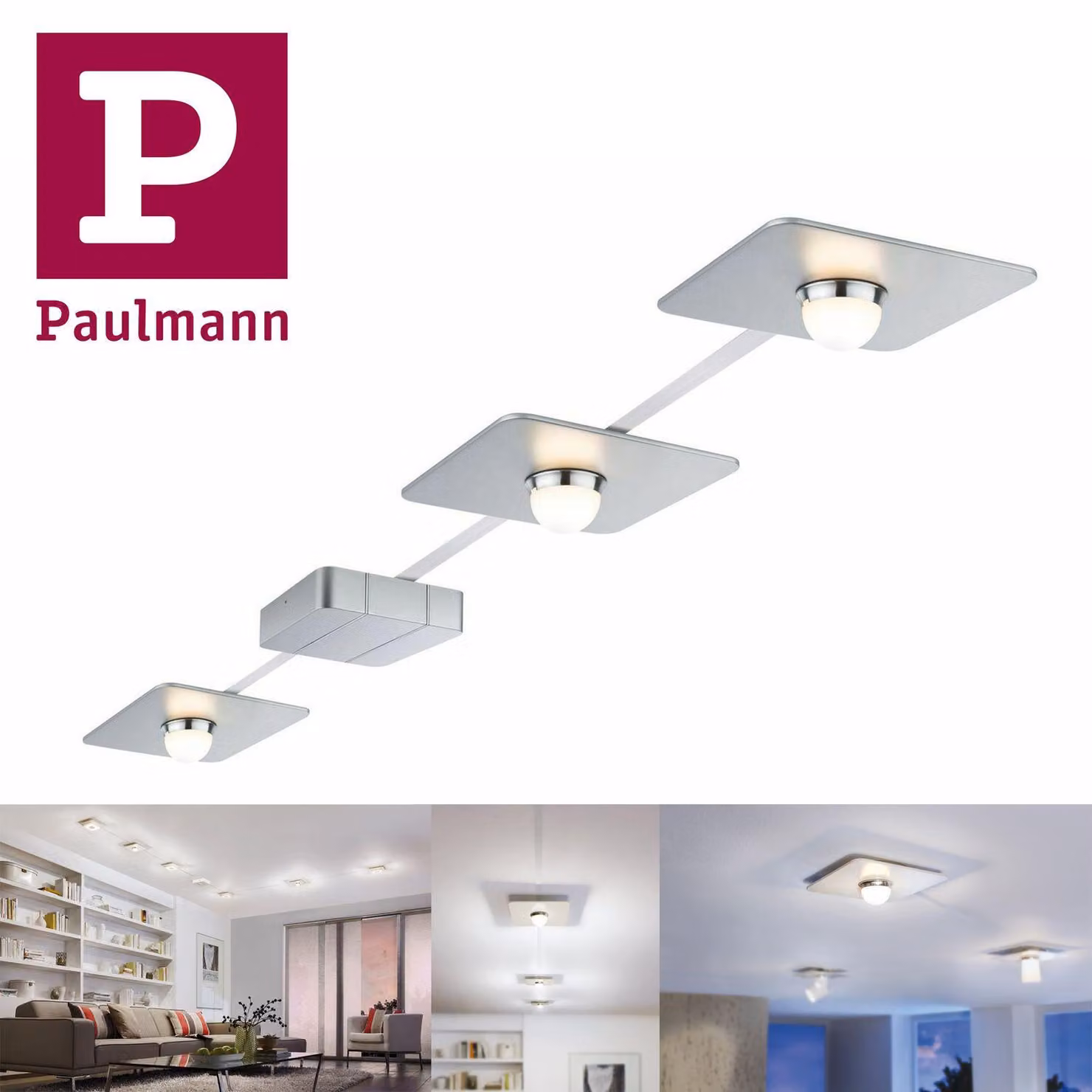 Set di illuminazione a LED Paulmann PadLED System, modello PowerPad, composto da 3 lampade da 10W, con cavo da 6 metri, finitura cromo opaco/cromo