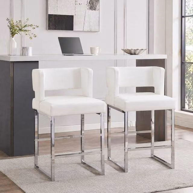 Sedia Bar REDOM in ecopelle bianca e metallo argento, stile scandinavo, Altezza: 91,4 cm