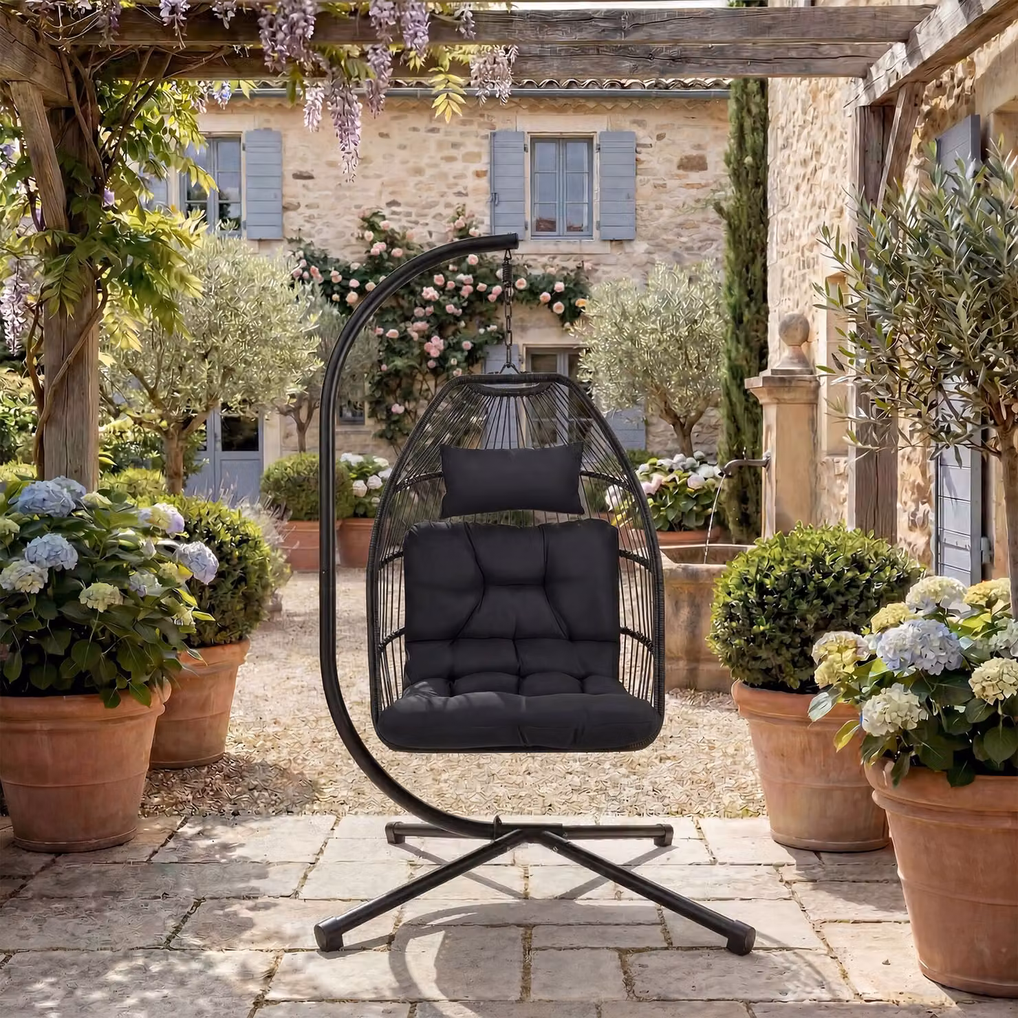 Poltrona sospesa a uovo Ariane tectake con telaio in acciaio e cuscini in tessuto nero per giardino e lounge – 2