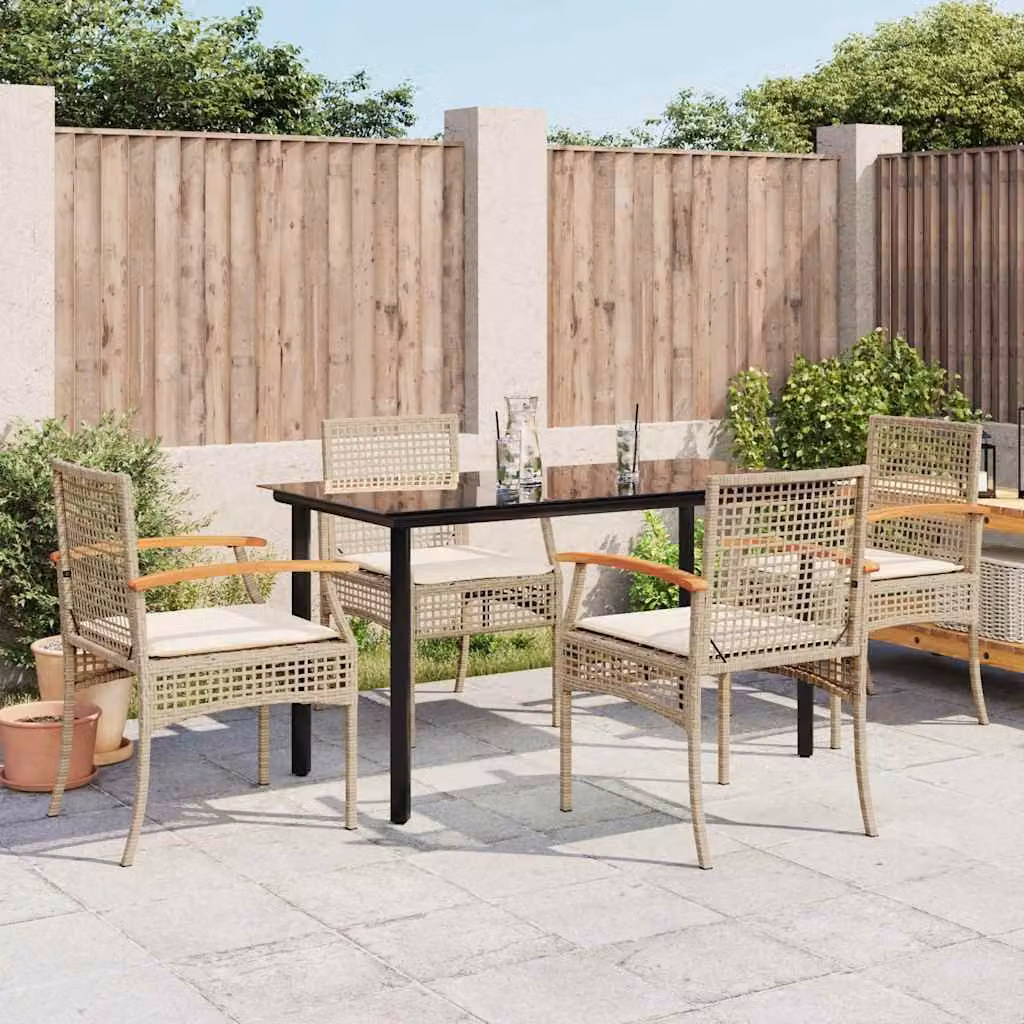 Set da Pranzo da Giardino vidaXL in Polyrattan e Legno di Acacia con Cuscini Beige e Tavolo in Vetro, 5 Pezzi