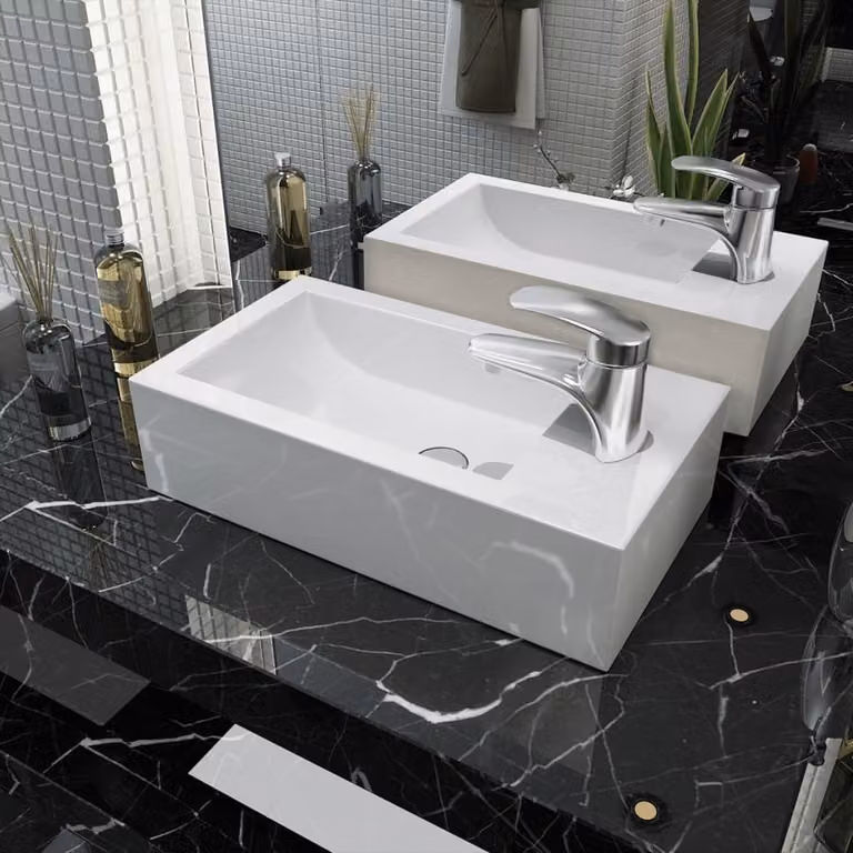 The Living Store Lavabo rettangolare con foro per rubinetto in Vetroceramica bianca 46x25,5x12 cm