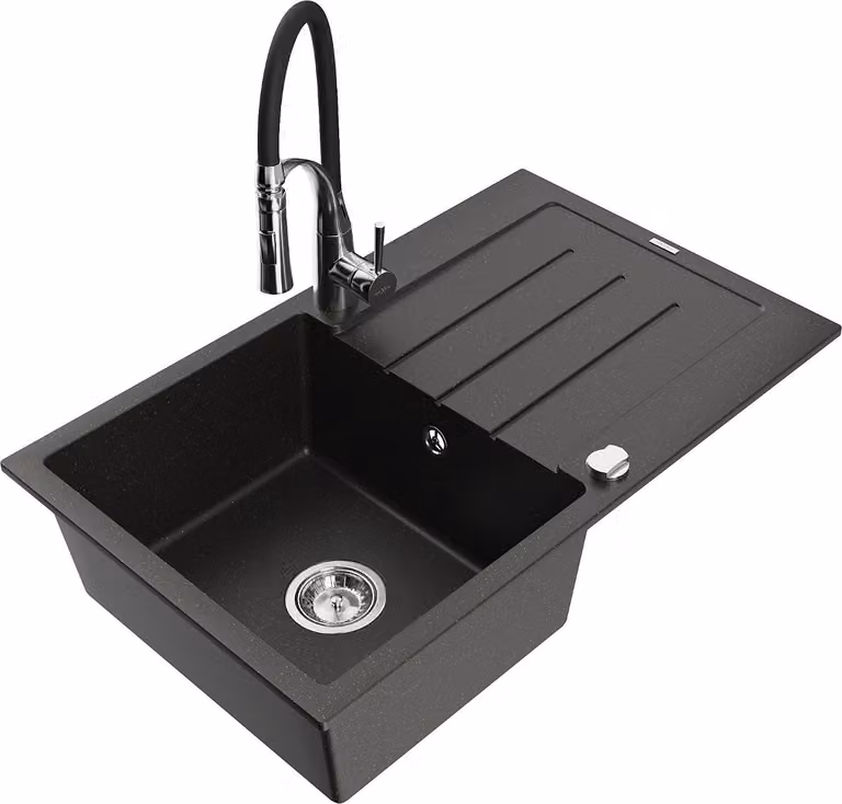 Mexen Bruno lavello in granito a 1 vasca con scolapiatti e rubinetto da cucina Aster, nero/oro metallizzato - 6513-75-73450-07